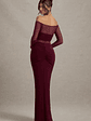 Cover Star | Burgundy Mesh Bardot Long-Sleeve Draped Maxi Dress - thumbnail 6