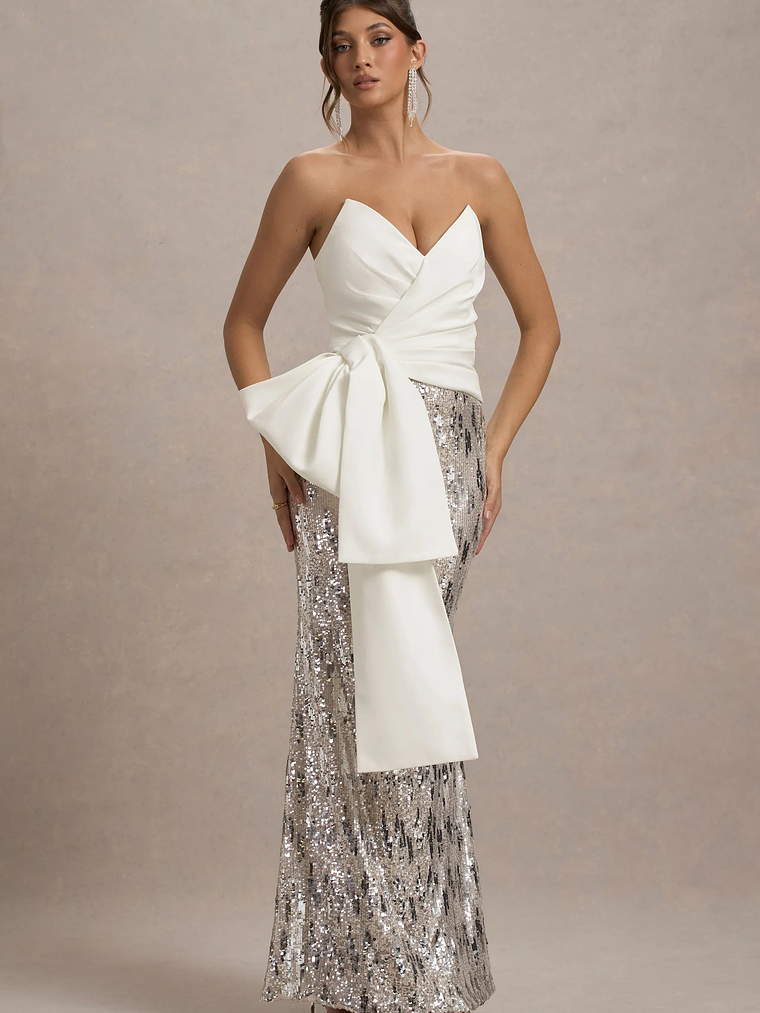 Ceres | Ecru Strapless Draped Maxi Dress With Sequin Skirt 4