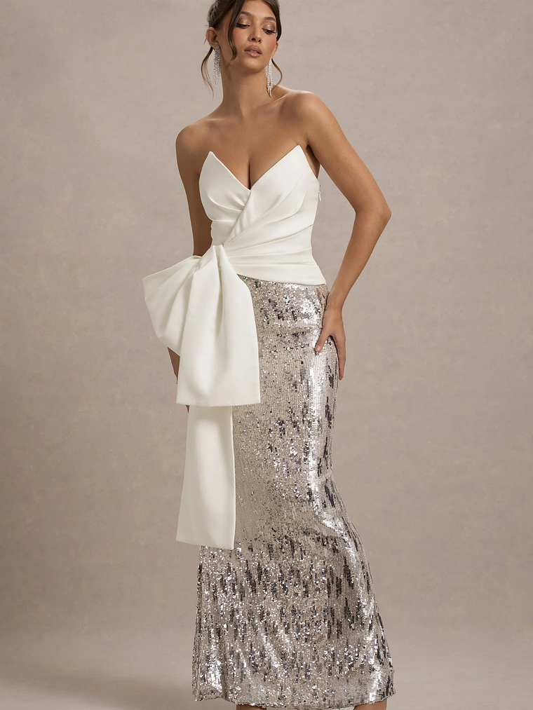 Ceres | Ecru Strapless Draped Maxi Dress With Sequin Skirt 5