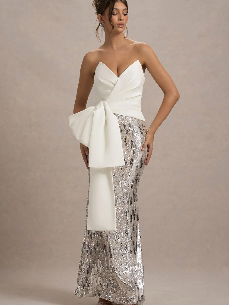 Ceres | Ecru Strapless Draped Maxi Dress With Sequin Skirt 6