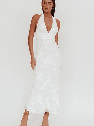 Cipriana Backless Halter Maxi Dress Embellished White
