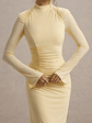 Cassandra | Pale Lemon High-Neck Long-Sleeve Midi Dress - thumbnail 3
