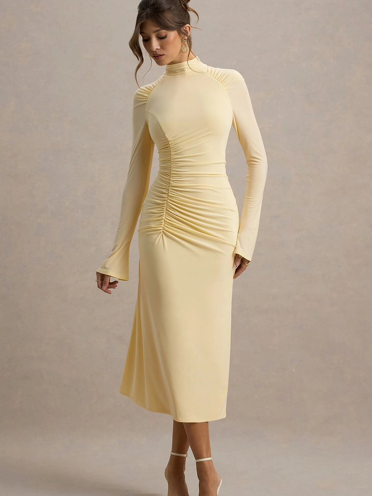 Cassandra | Pale Lemon High-Neck Long-Sleeve Midi Dress 4