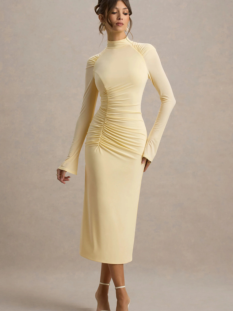 Cassandra | Pale Lemon High-Neck Long-Sleeve Midi Dress 5