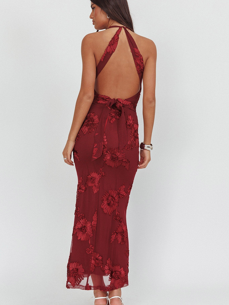 Cipriana Backless Halter Maxi Dress Embellished Wine 2