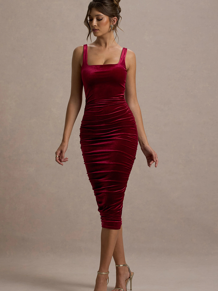 Cora | Berry Velvet Square-Neck Bodycon Midi Dress 1