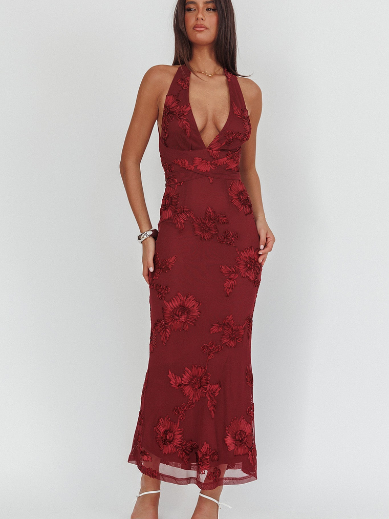 Cipriana Backless Halter Maxi Dress Embellished Wine 5