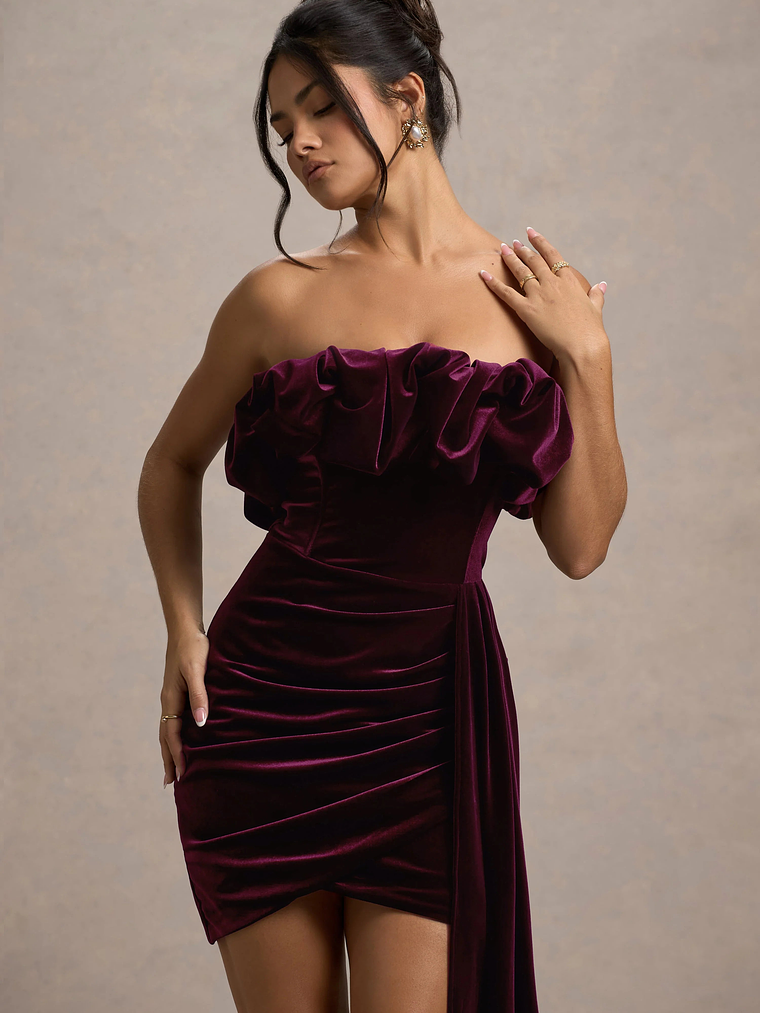 Ceronne | Plum Velvet Bandeau Mini Dress With Drape 3