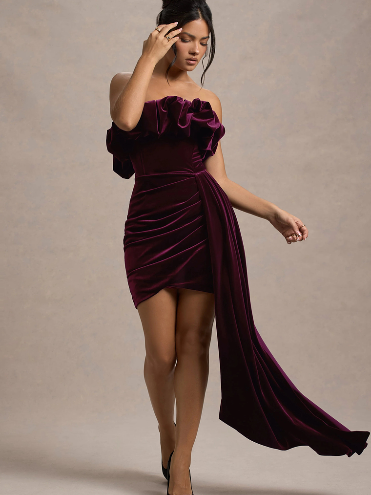 Ceronne | Plum Velvet Bandeau Mini Dress With Drape 5