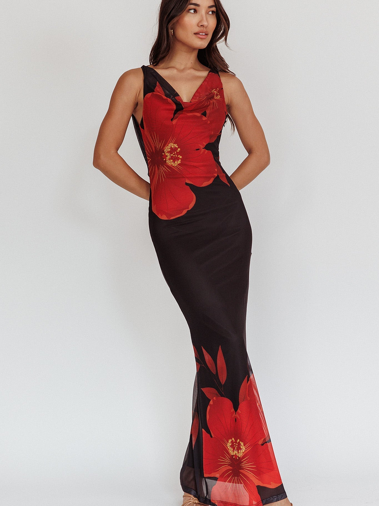 Cassiopeia Open Back Maxi Dress Hibiscus Black 1