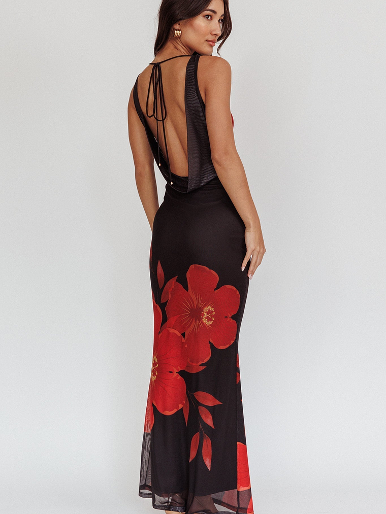 Cassiopeia Open Back Maxi Dress Hibiscus Black 2