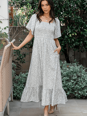 Cassis Smocked Midi Dress | Ivory + Black Floral