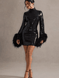 Cupid | Black Sequin High-Neck Mini Dress With Feather Cuffs - thumbnail 1