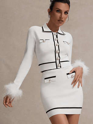 Coco Crush | Cream Knit Cropped Cardigan With Feather Cuffs