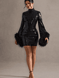 Cupid | Black Sequin High-Neck Mini Dress With Feather Cuffs - thumbnail 4