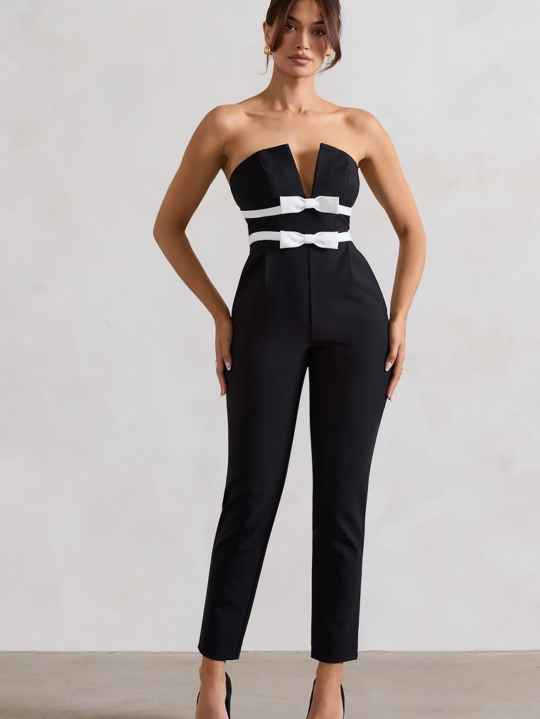 Casta | Black Strapless Tailored Straight-Leg Jumpsuit With Bows 4
