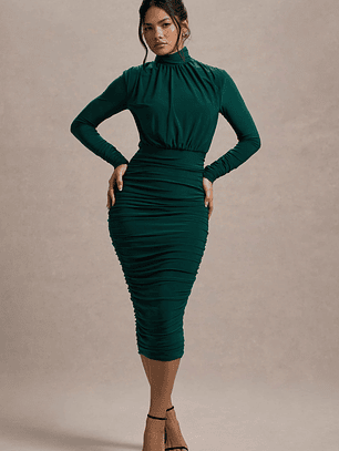 Dasha | Bottle Green Ruched High-Neck Long-Sleeve Midi Dress
