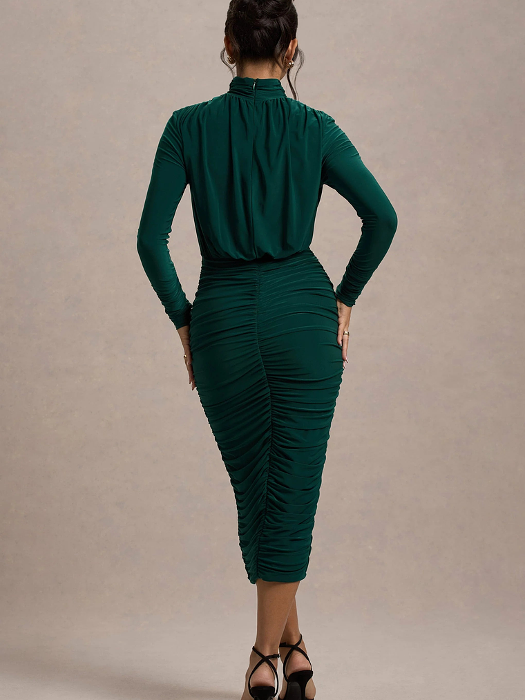Dasha | Bottle Green Ruched High-Neck Long-Sleeve Midi Dress 2