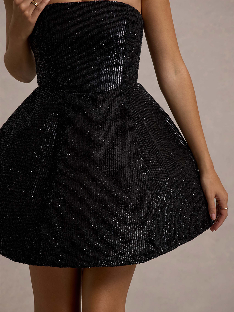 Clarabell | Black Sequin Bandeau Structured Mini Dress 7