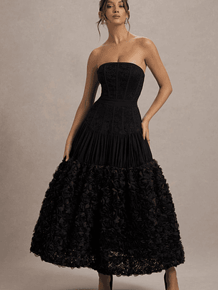 Dame | Black Lace Bandeau Midi Dress With Floral Hem
