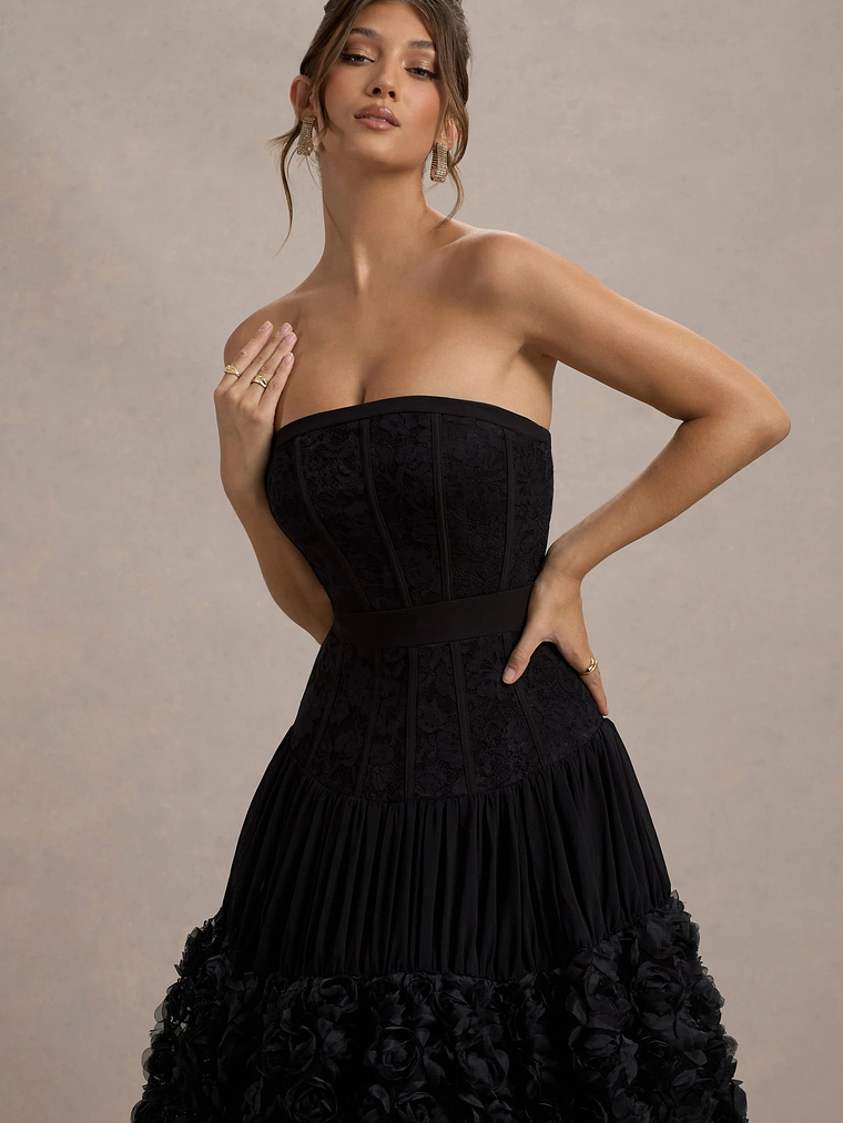 Dame | Black Lace Bandeau Midi Dress With Floral Hem 3