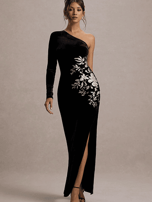Chance | Black Embroidered Velvet One-Sleeve Maxi Dress