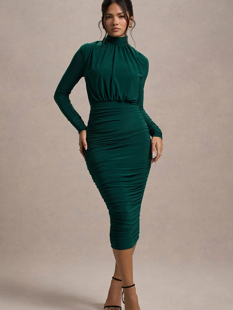 Dasha | Bottle Green Ruched High-Neck Long-Sleeve Midi Dress 6