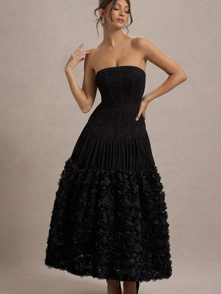 Dame | Black Lace Bandeau Midi Dress With Floral Hem 4