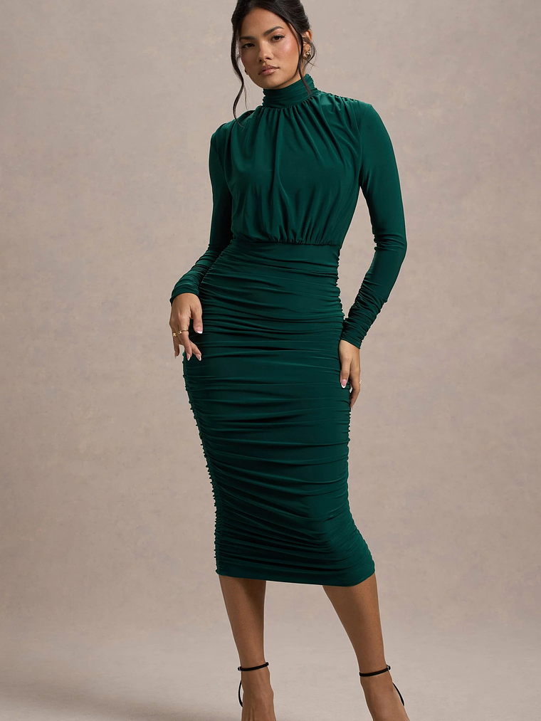 Dasha | Bottle Green Ruched High-Neck Long-Sleeve Midi Dress 7