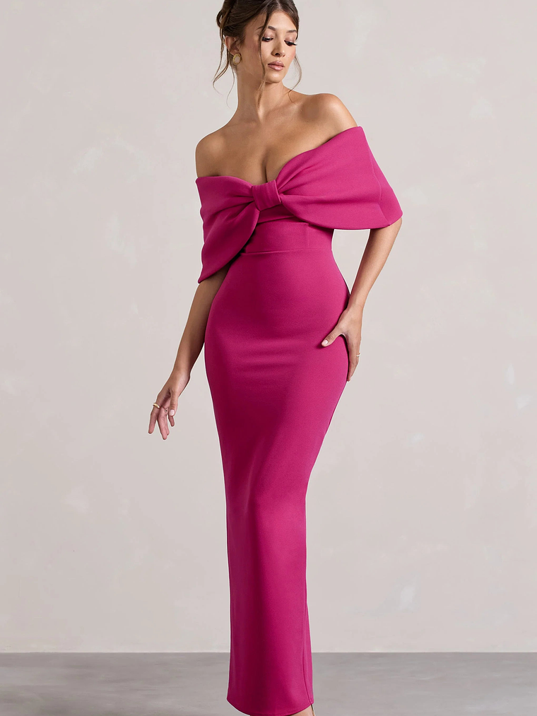 Cornelia | Hot Pink Strapless Maxi Dress With Oversized Bow 4