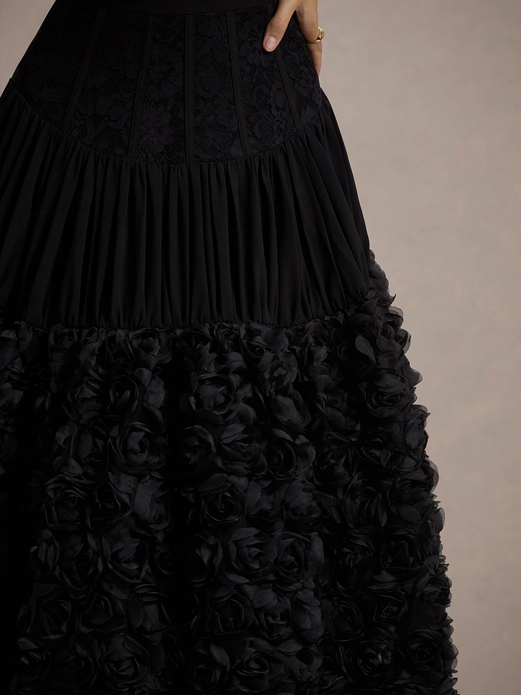 Dame | Black Lace Bandeau Midi Dress With Floral Hem 6