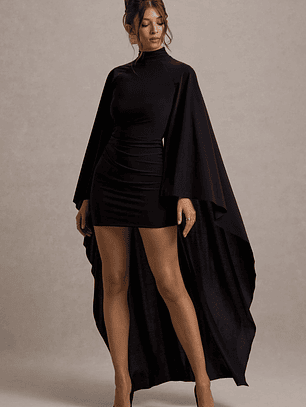Damia | Black High-Neck Mini Dress With Asymmetric Cape