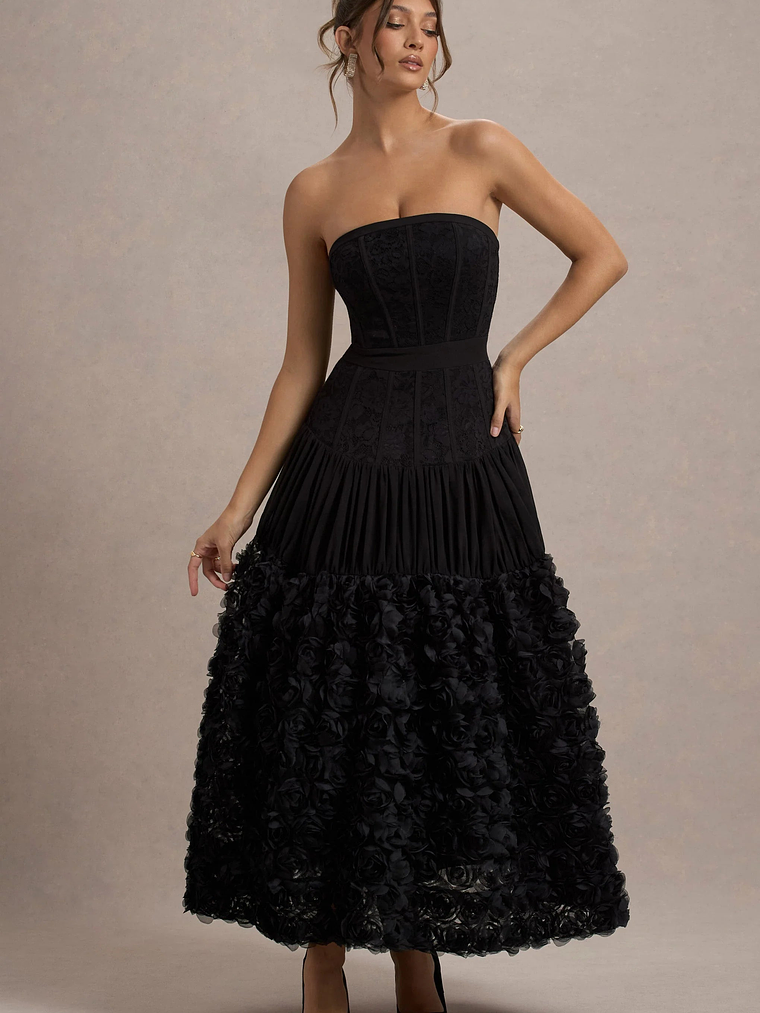 Dame | Black Lace Bandeau Midi Dress With Floral Hem 7