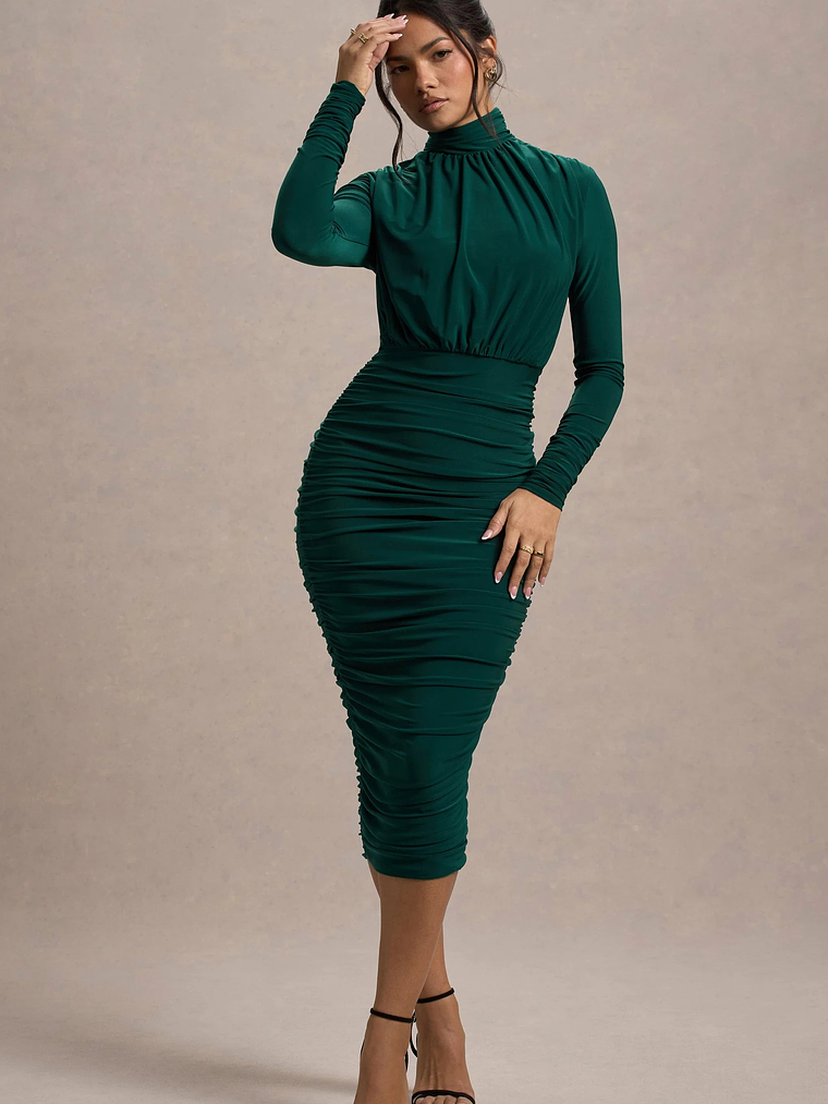 Dasha | Bottle Green Ruched High-Neck Long-Sleeve Midi Dress 10