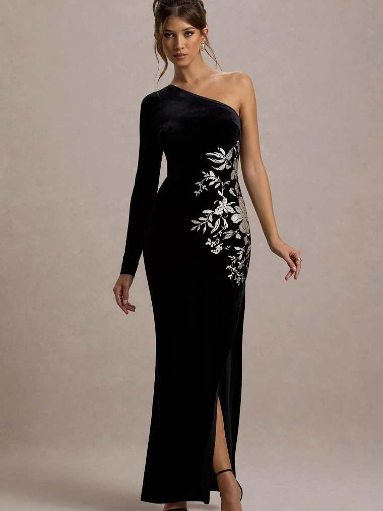 Chance | Black Embroidered Velvet One-Sleeve Maxi Dress 6