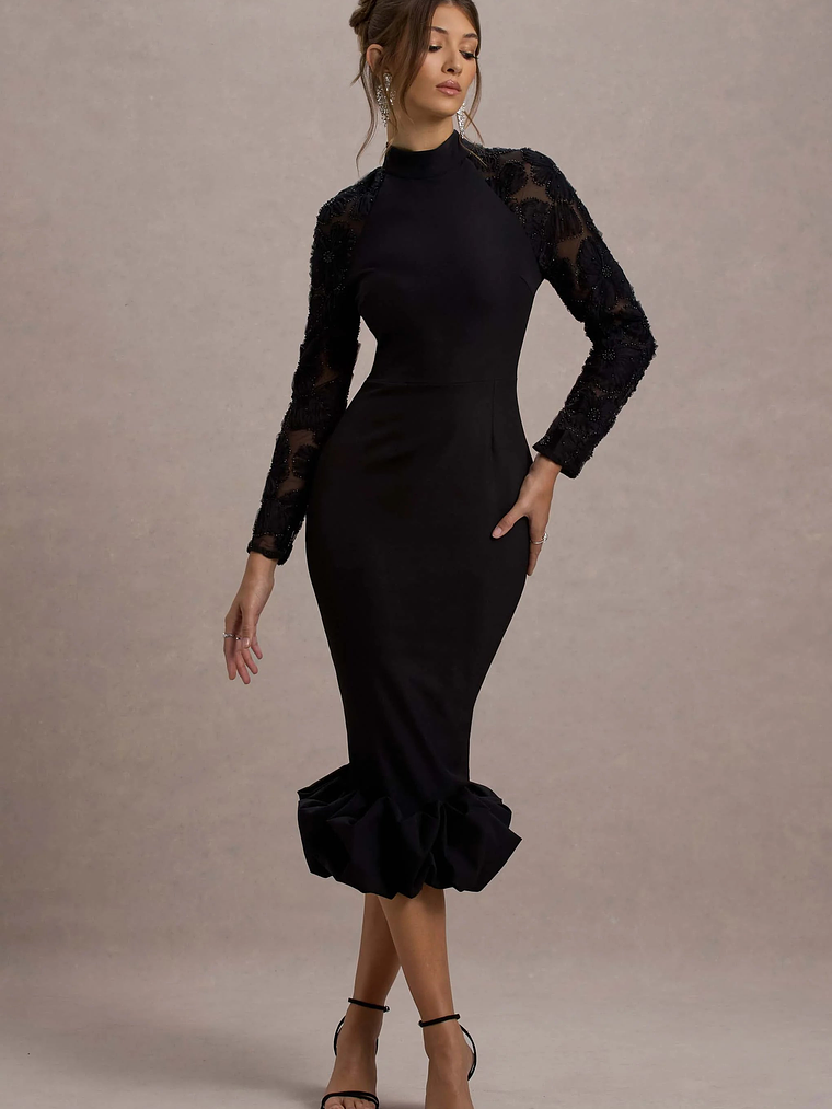 Chandra | Black Mesh Long-Sleeve Midi Dress With Ruffle Hem 1