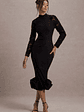 Chandra | Black Mesh Long-Sleeve Midi Dress With Ruffle Hem - thumbnail 1