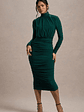 Dasha | Bottle Green Ruched High-Neck Long-Sleeve Midi Dress - thumbnail 12