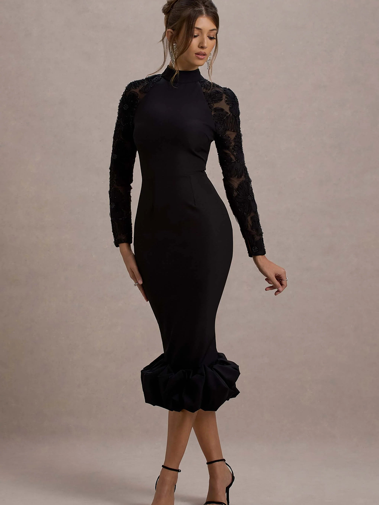 Chandra | Black Mesh Long-Sleeve Midi Dress With Ruffle Hem 4