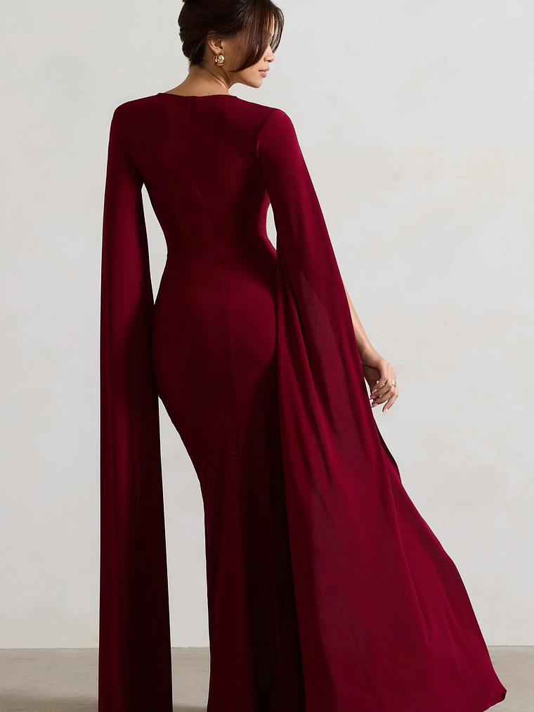 Claretta | Berry Square Neck Twisted Maxi Dress With Cape Sleeves 2