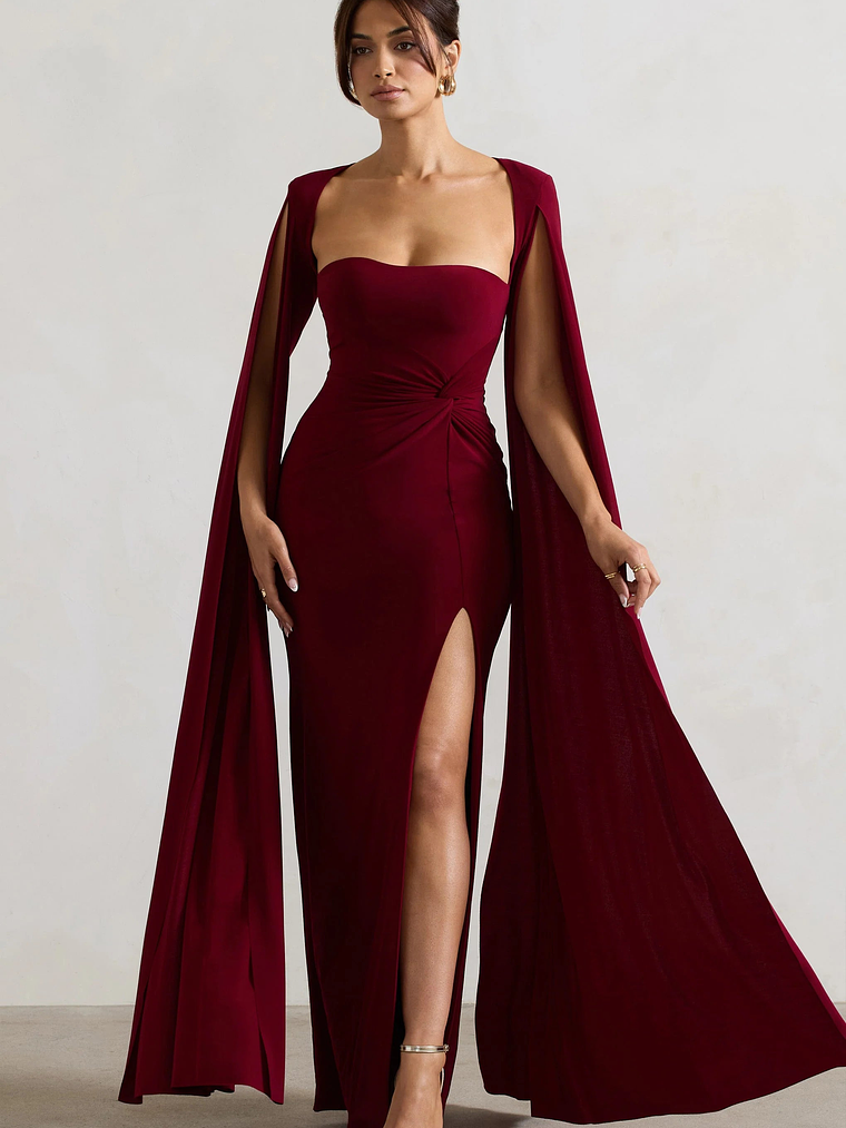 Claretta | Berry Square Neck Twisted Maxi Dress With Cape Sleeves 4