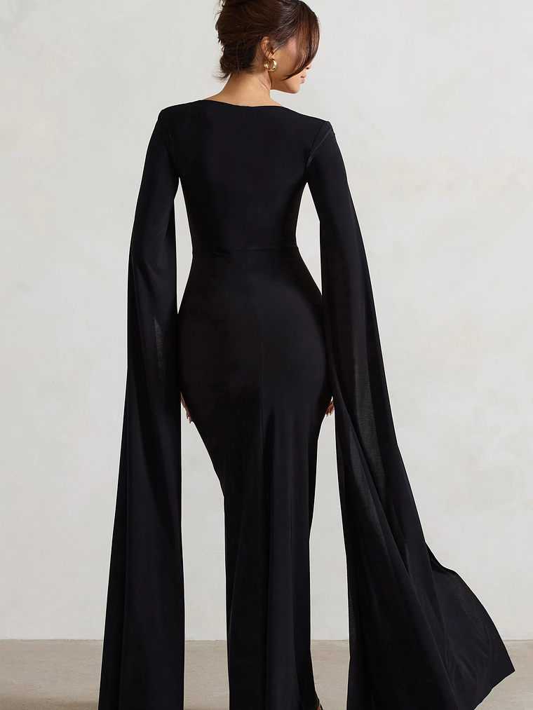 Claretta | Black Square Neck Twisted Maxi Dress With Cape Sleeves 2