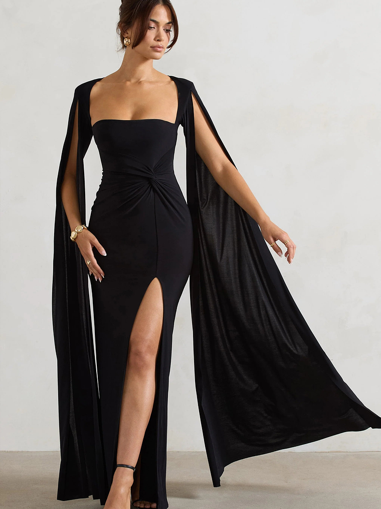 Claretta | Black Square Neck Twisted Maxi Dress With Cape Sleeves 4