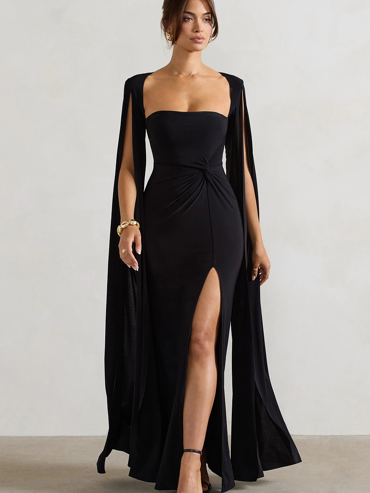 Claretta | Black Square Neck Twisted Maxi Dress With Cape Sleeves 5