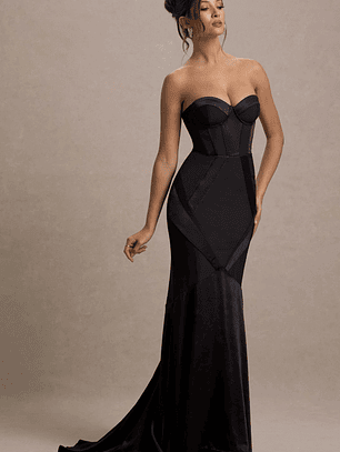 Custom | Black Satin Sweetheart Corset Fishtail Maxi Dress