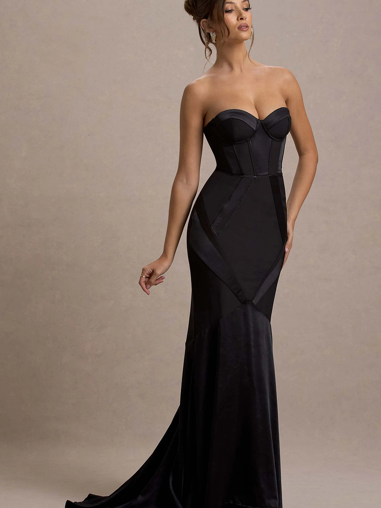 Custom | Black Satin Sweetheart Corset Fishtail Maxi Dress 1