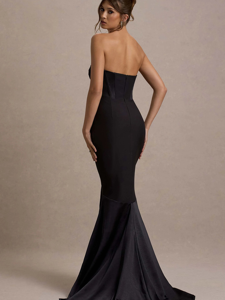 Custom | Black Satin Sweetheart Corset Fishtail Maxi Dress 2