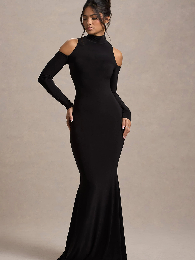 Catarina | Black Turtle-Neck Long-Sleeve Maxi Dress With Cold Shoulders 1