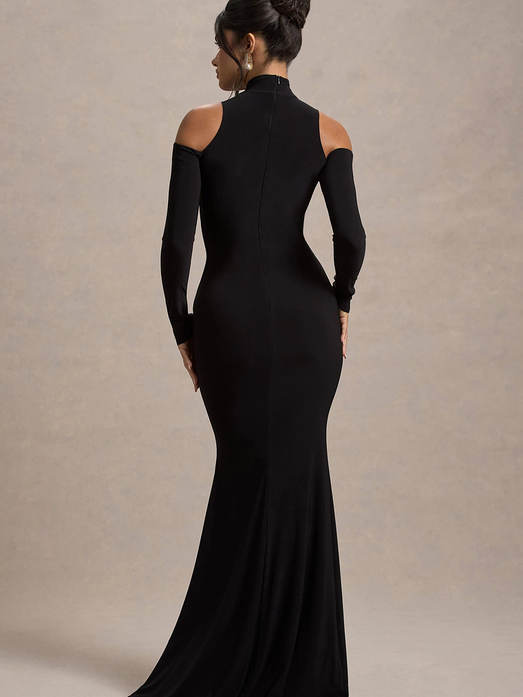 Catarina | Black Turtle-Neck Long-Sleeve Maxi Dress With Cold Shoulders 2