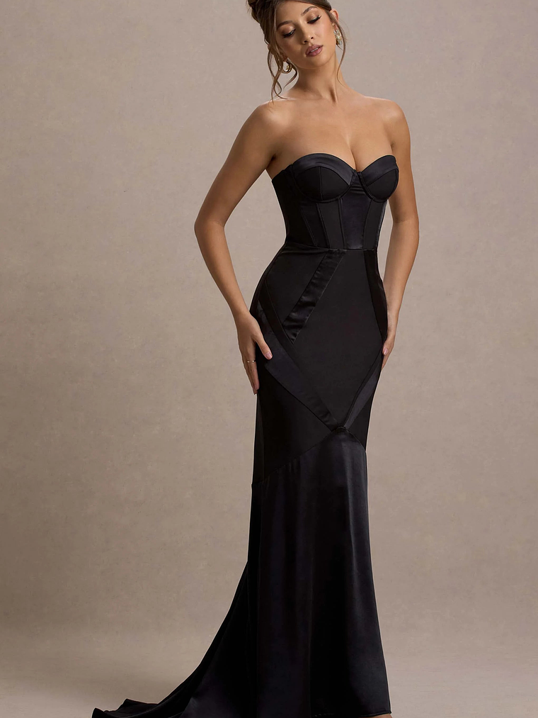 Custom | Black Satin Sweetheart Corset Fishtail Maxi Dress 5